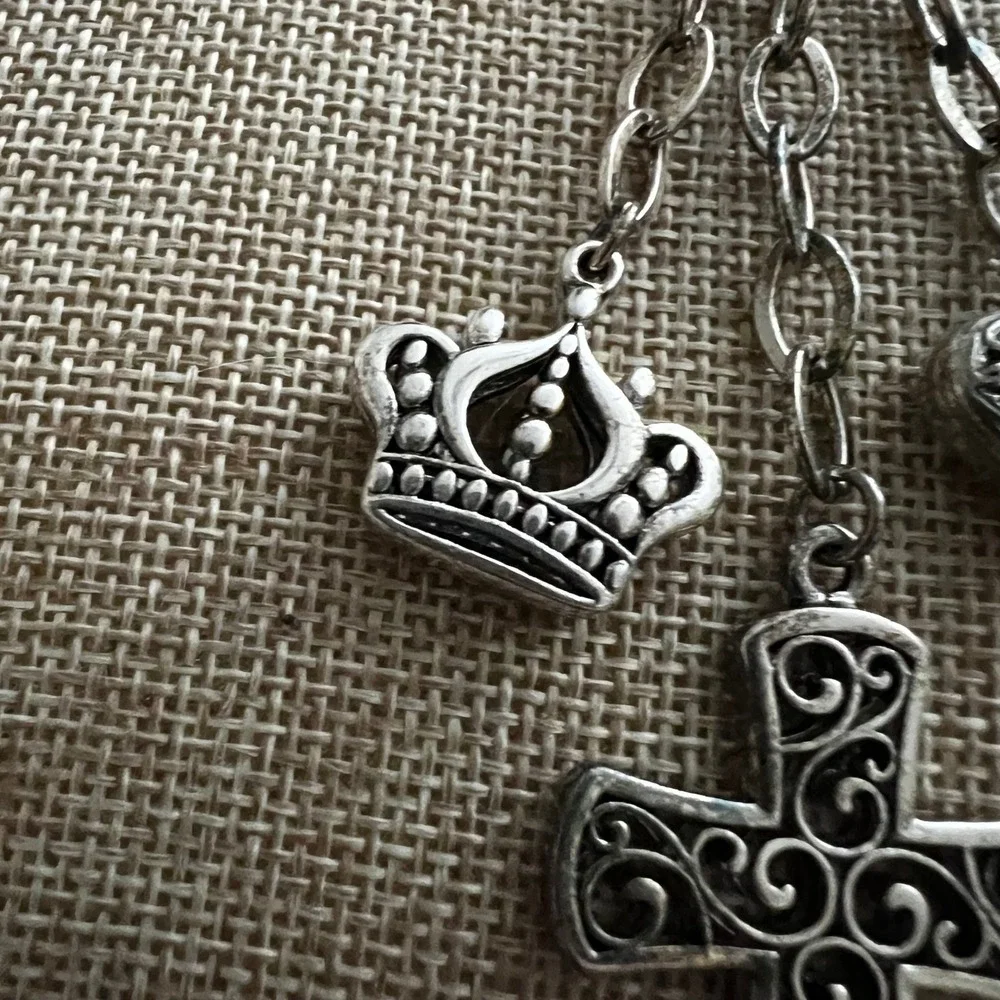 Silver Tone Cross Crown Heart Filigree Bag Charm Keychain 5.5 Inch Gothic